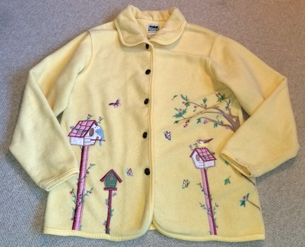 VINTAGE Womens Jacket-NORTHERN REFLECTIONS-yellow fleece birdhouse embroidered-S